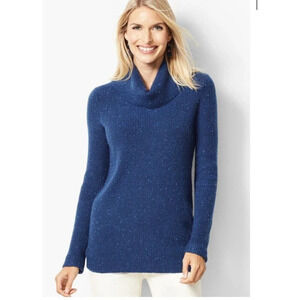 Talbots Womens TWEED SHAKER-STITCH COWLNECK SWEATER Large Blue Cozy Pullover